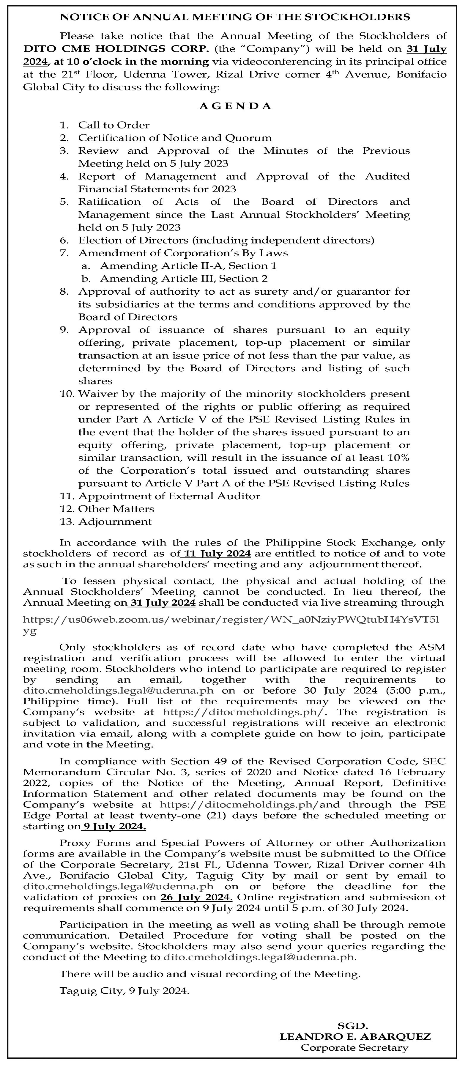 Notice of Annual Meeting of the Stockholders - DITO CME Holdings Corp.